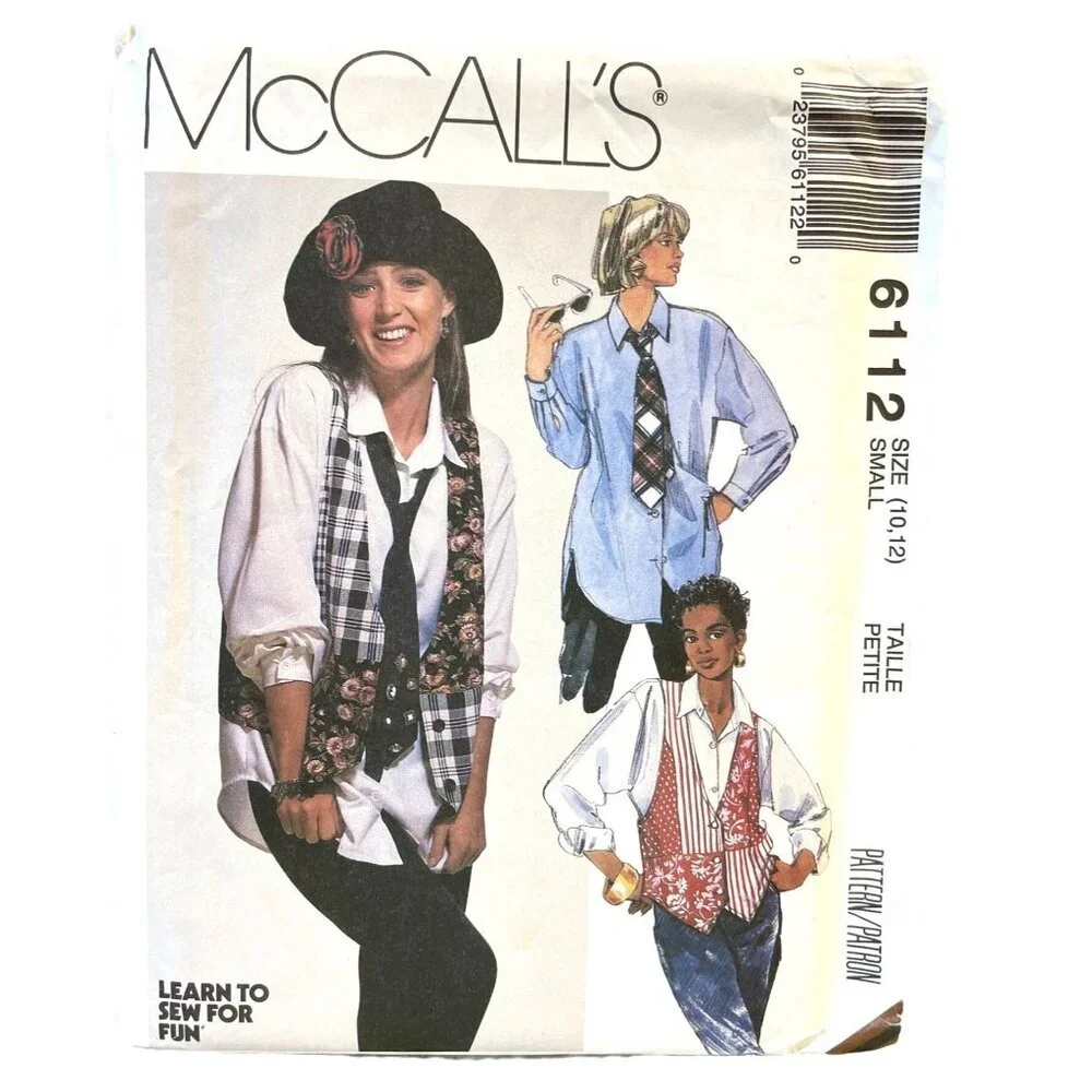 McCalls Sewing Pattern 6112‎ Button Down Shirt Vest Necktie Misses Size 10-12